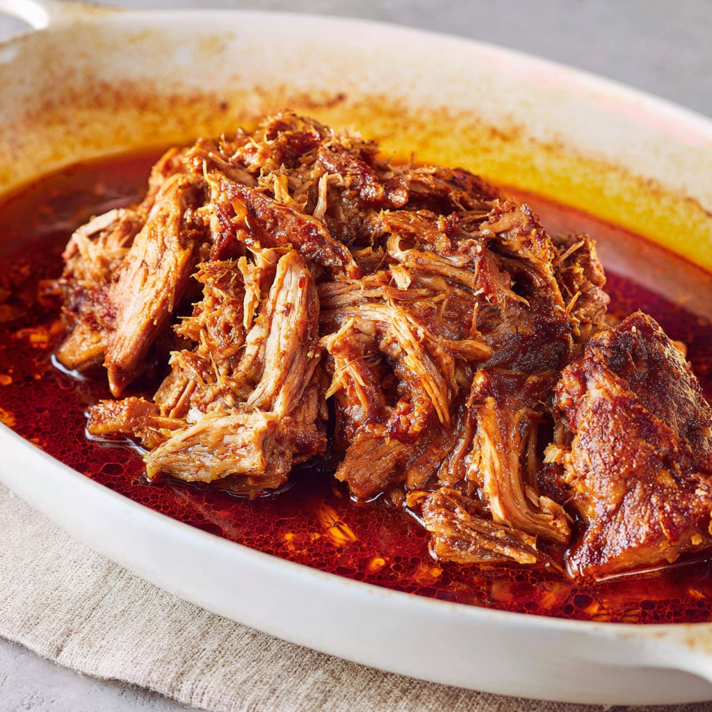 Porc effiloché au chipotle fondant, agrémenté de jus d’orange, façon tex-mex conviviale.
