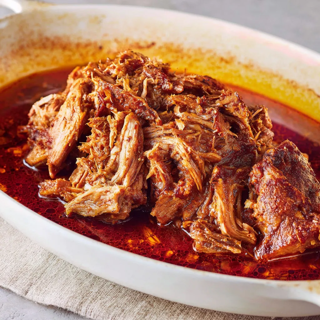 Porc effiloché au chipotle fondant, agrémenté de jus d’orange, façon tex-mex conviviale.
