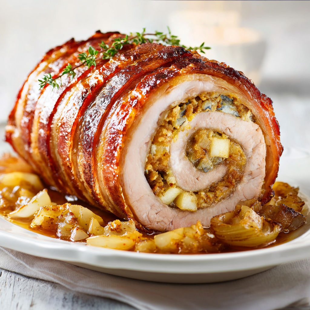 Longe de porc garnie pommes, cheddar et bacon caramélisé à l’érable.