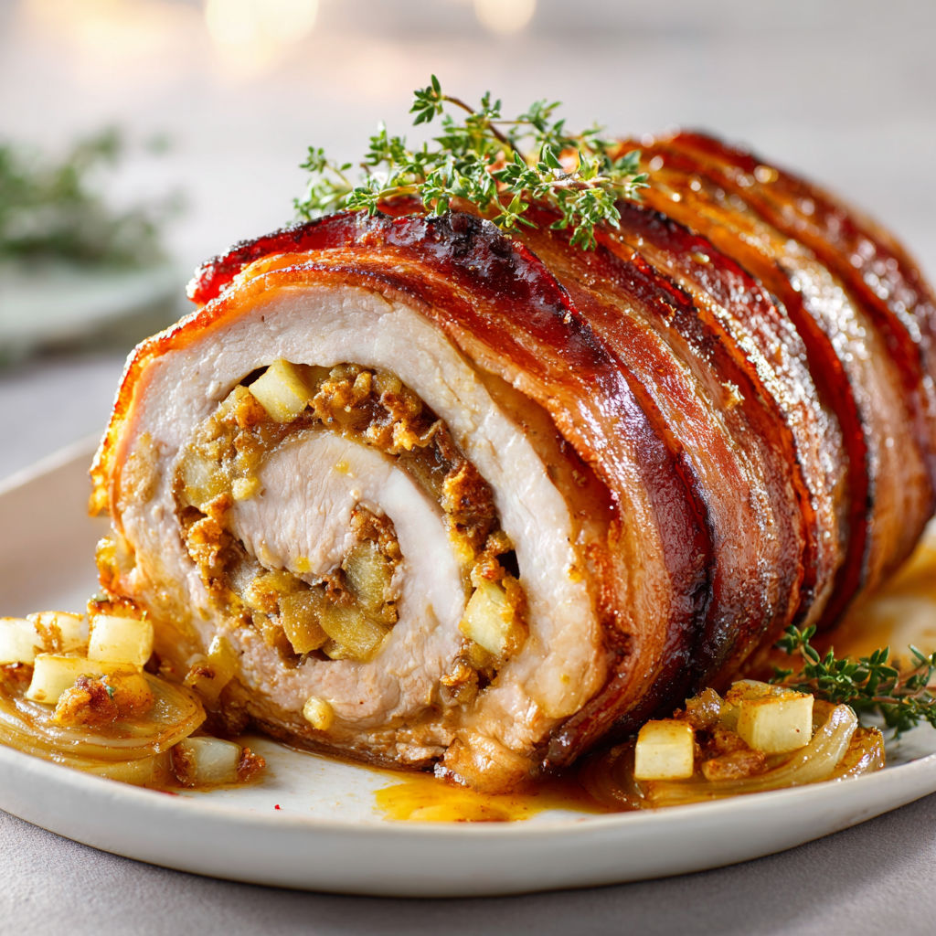 Porc roulé aux pommes caramélisées, cheddar affiné, laqué à l’érable.