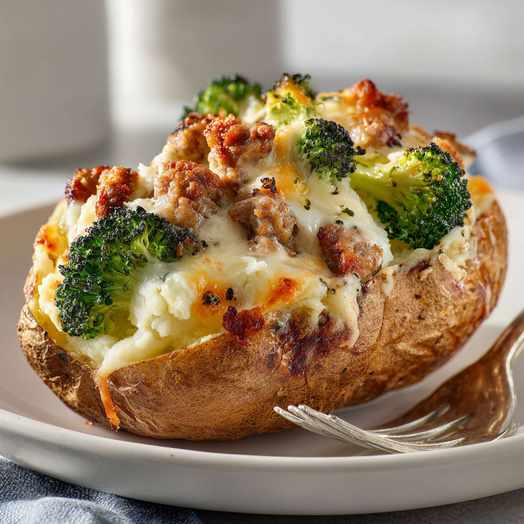 Pommes de terre garnies de brocoli et saucisse.