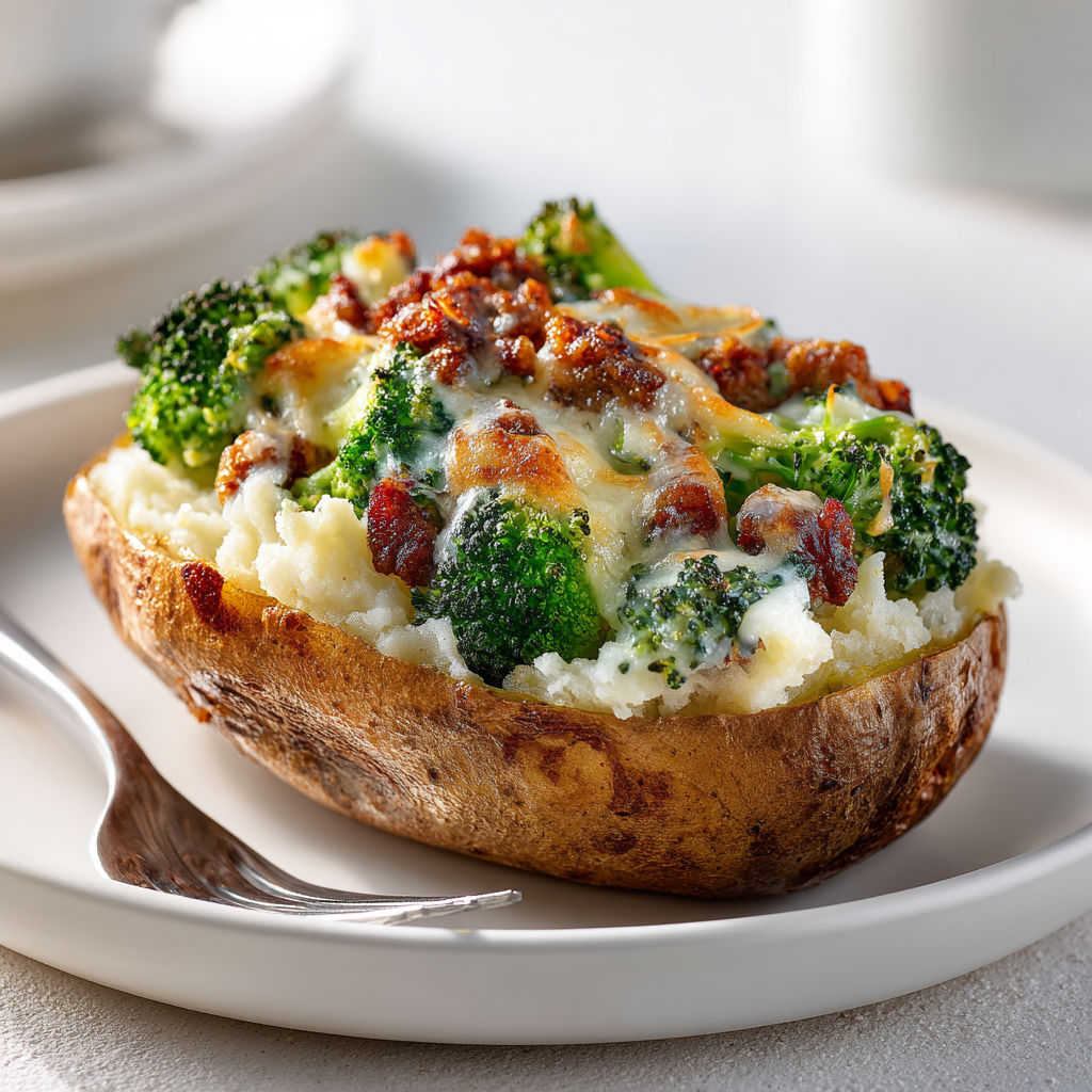 Pommes de terre farcies crousti-fondantes, brocoli et saucisse bien dorée.