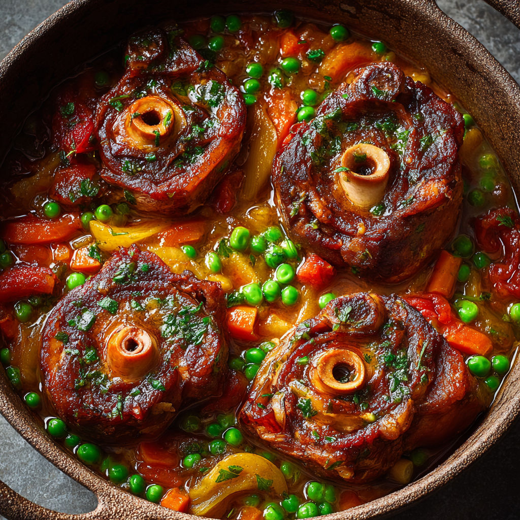 Plat garni de jarrets de porc, gremolata citronnée et petits pois frais.