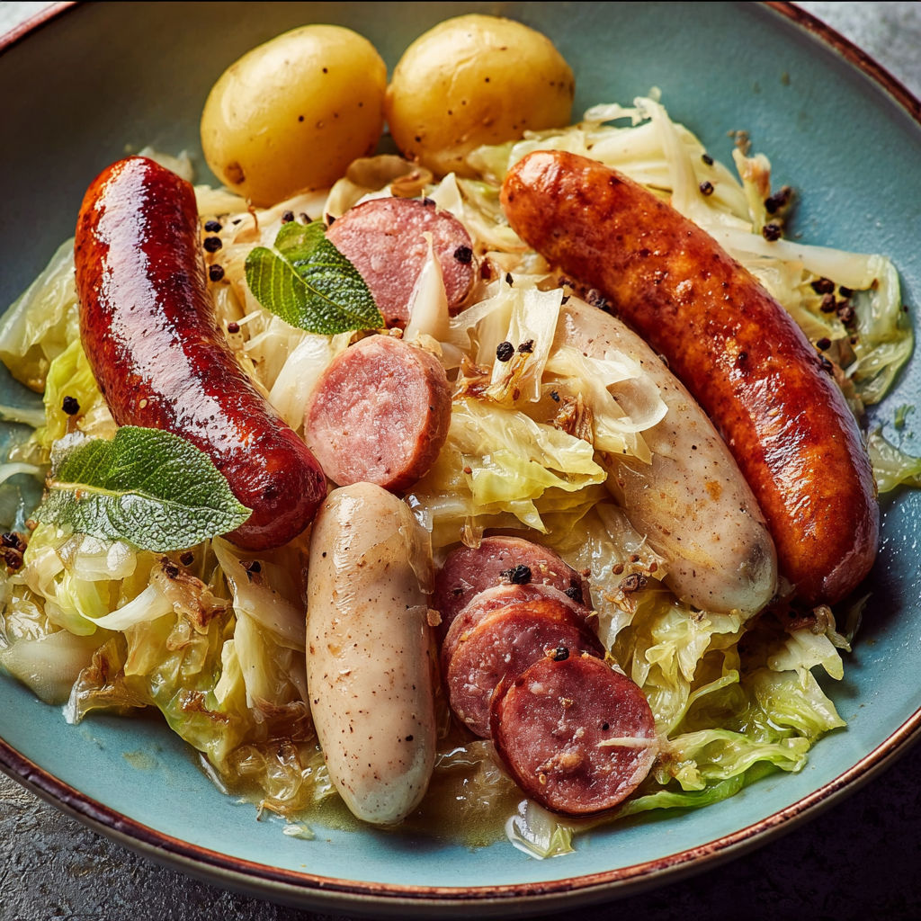 Plat de chou vert et saucisses avec citron, servi sur table.