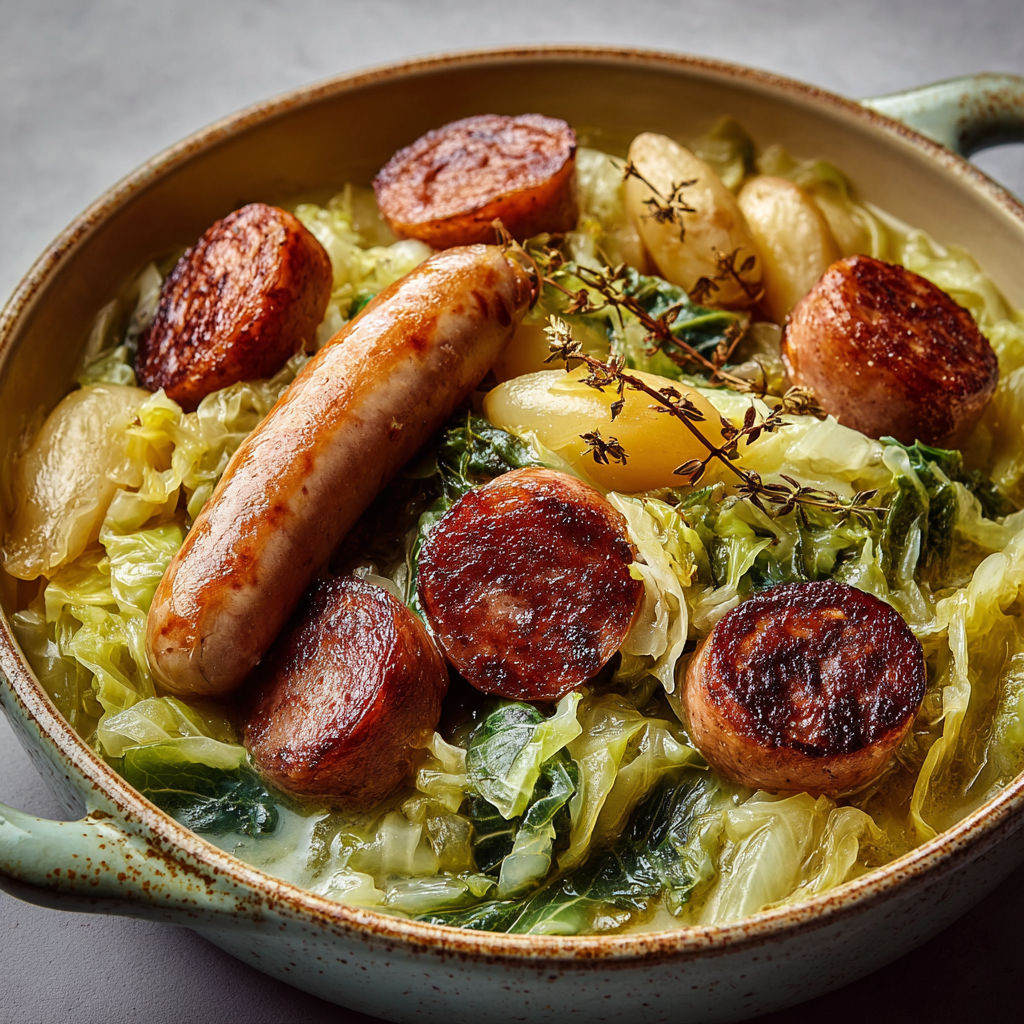 Chou vert crémeux au citron et saucisses bien campagnardes façon maison.
