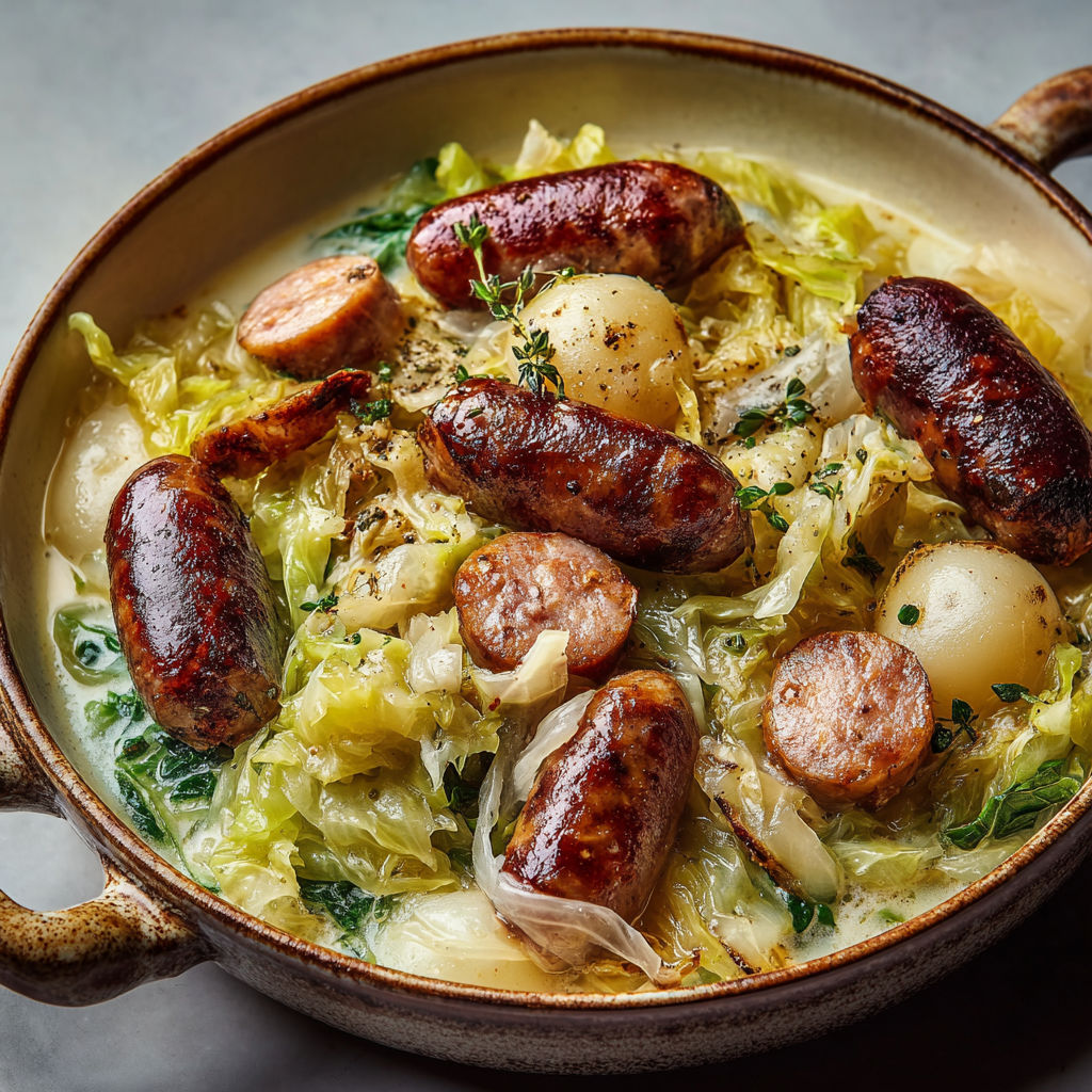 Poêlée de chou vert citronné, pommes et saucisses fumées fondantes.