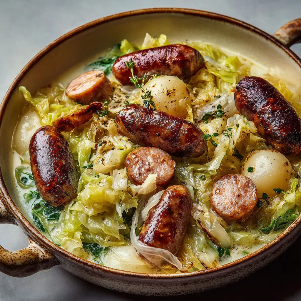 Poêlée de chou vert citronné, pommes et saucisses fumées fondantes.