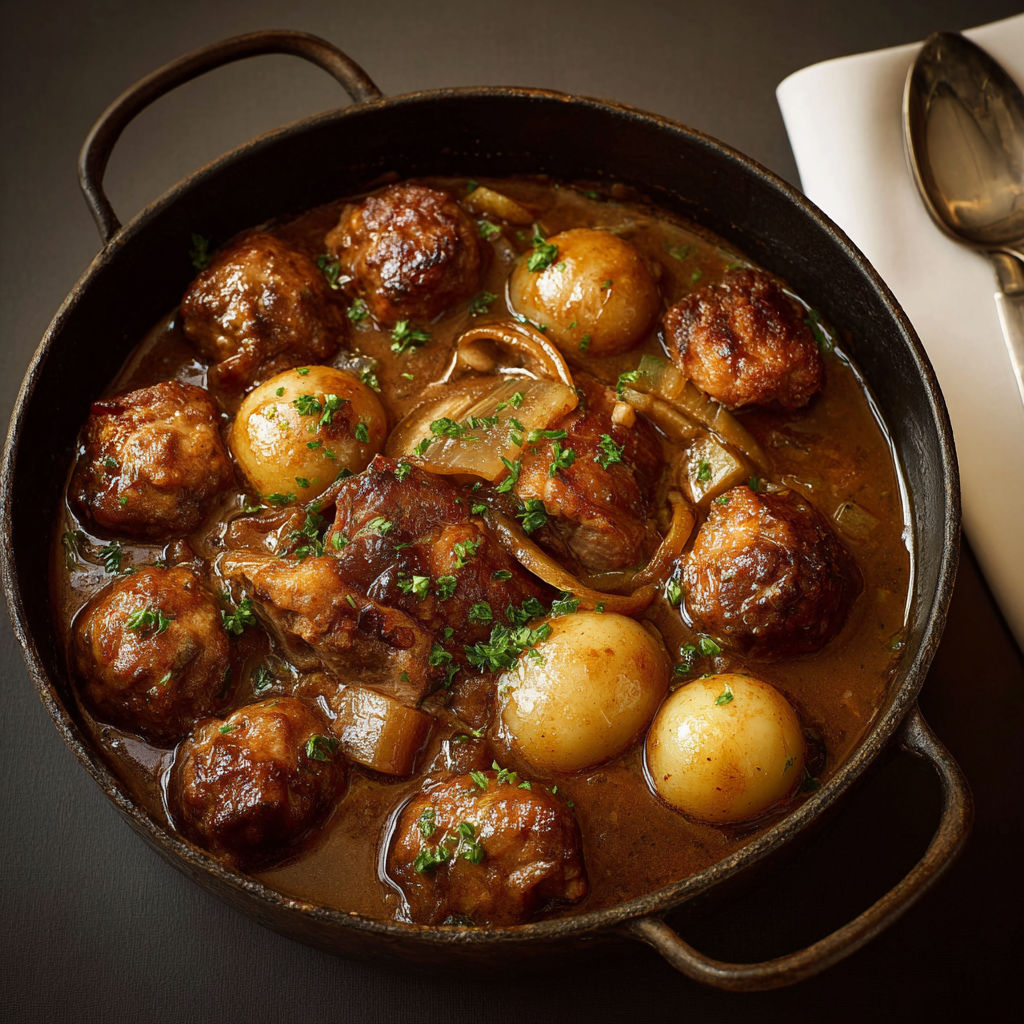 Un plat chaud de boulettes et de pattes de porc prêt à être savouré.