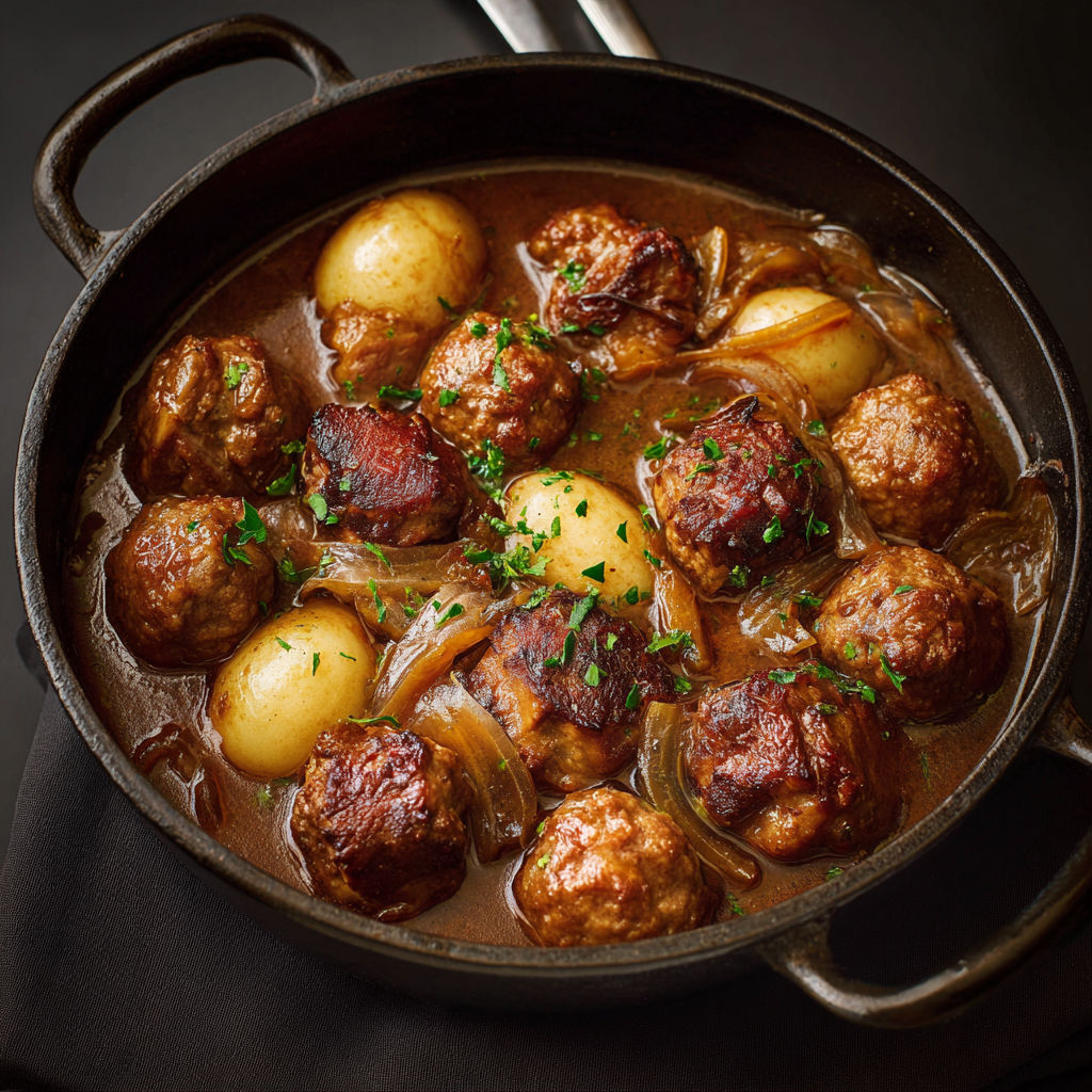 Plat classique de boulettes mijotées et jarret de porc aux épices dans une sauce épaisse.
