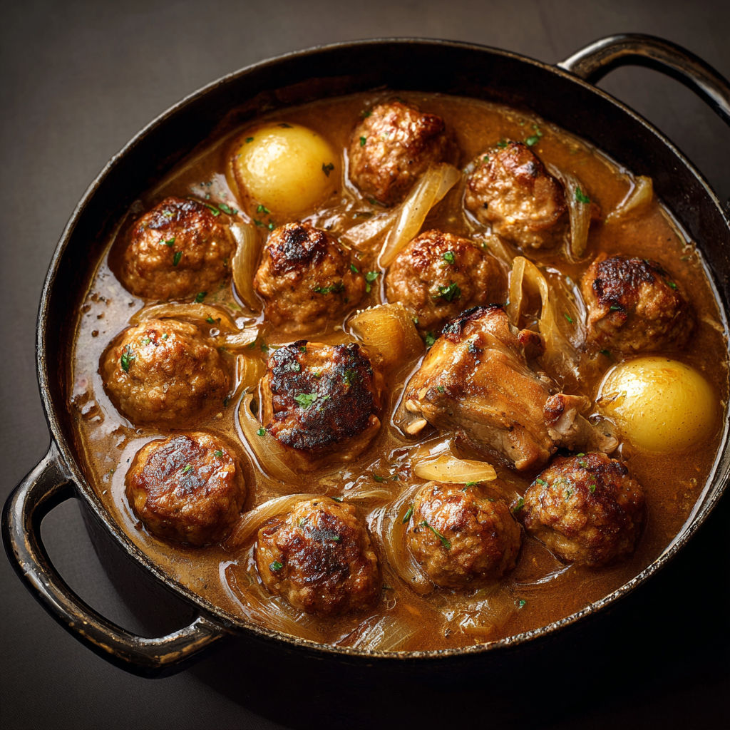 Cocotte de boulettes de porc et jarret mijotés dans une sauce parfumée et épaisse.