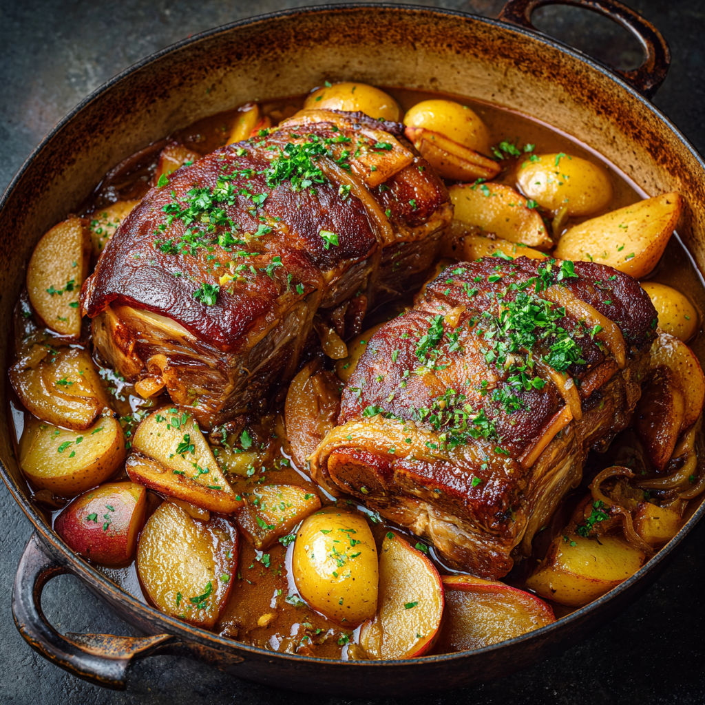 Porc braisé moelleux entouré de pommes dorées et herbes fraîches.