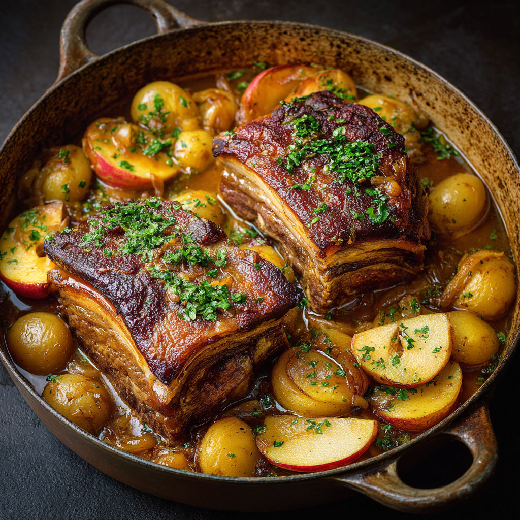 Épaule de porc fondante aux pommes dorées, compote maison et herbes fraîches.