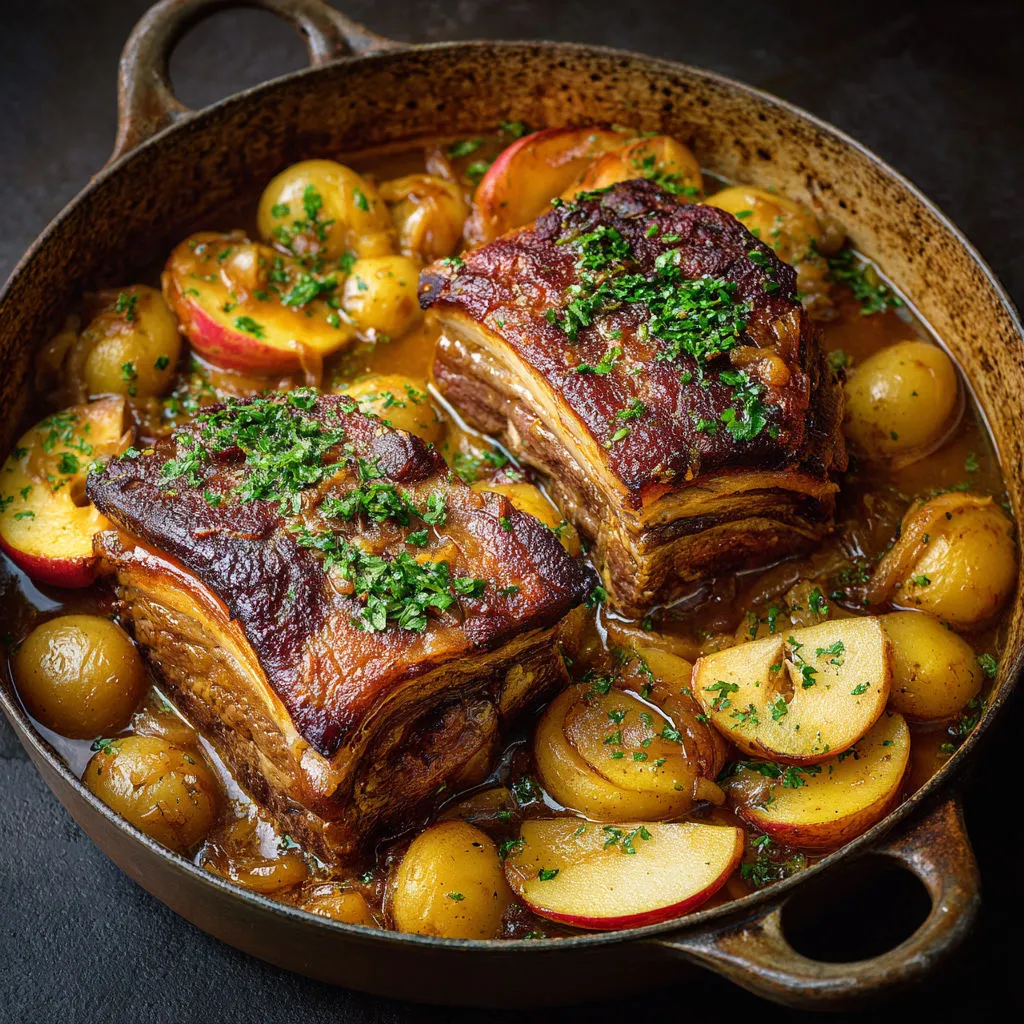 Épaule de porc fondante aux pommes dorées, compote maison et herbes fraîches.