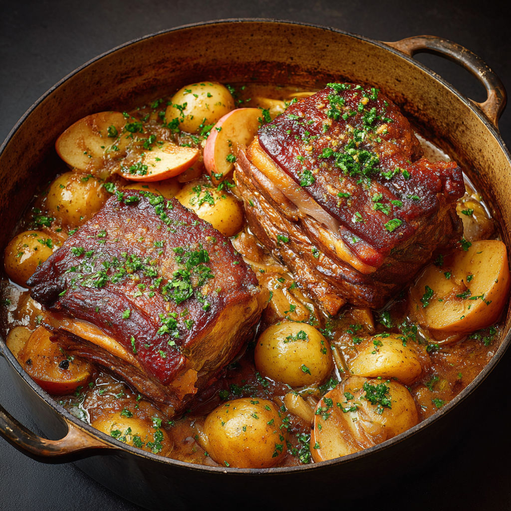 Porc ultra tendre et pommes dorées avec patates rôties en cocotte familiale.
