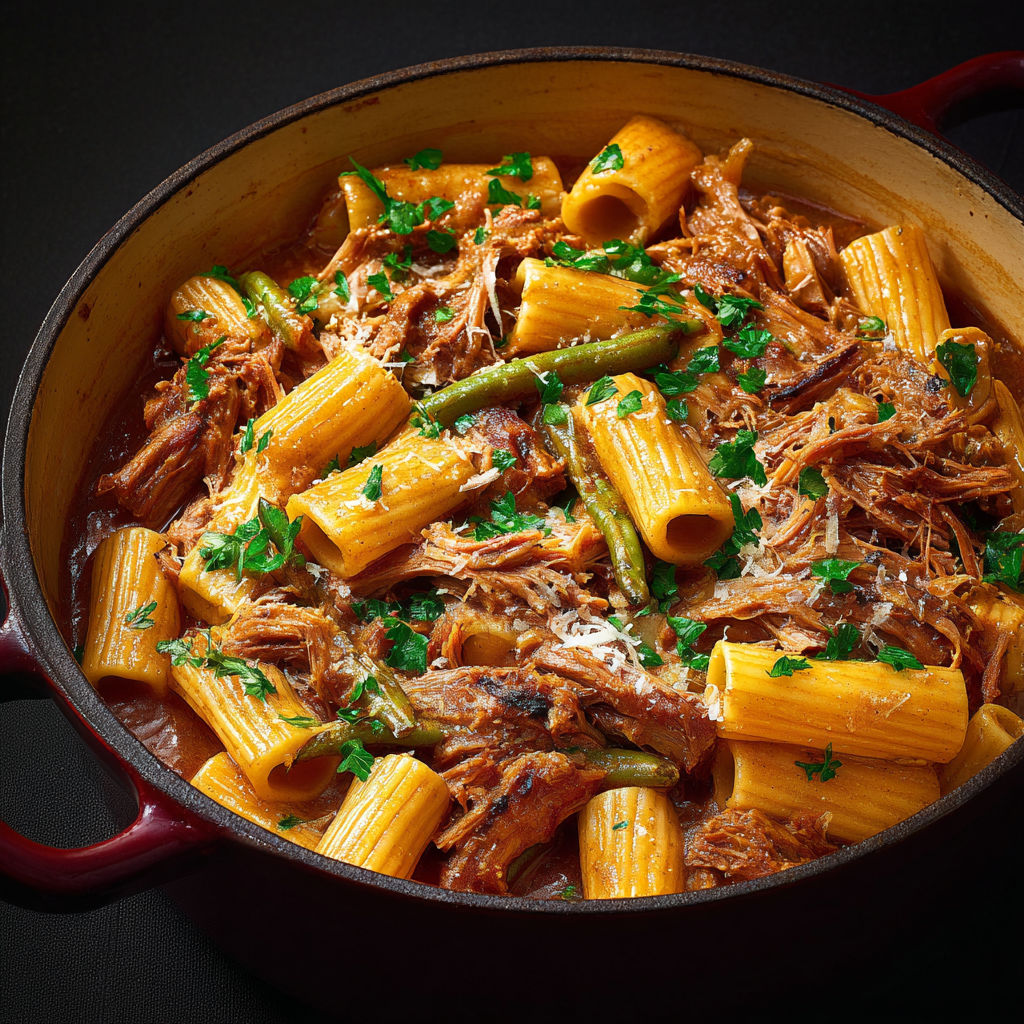 Porc braisé servi avec rigatonis et oignons dorés, dans un grand bol.
