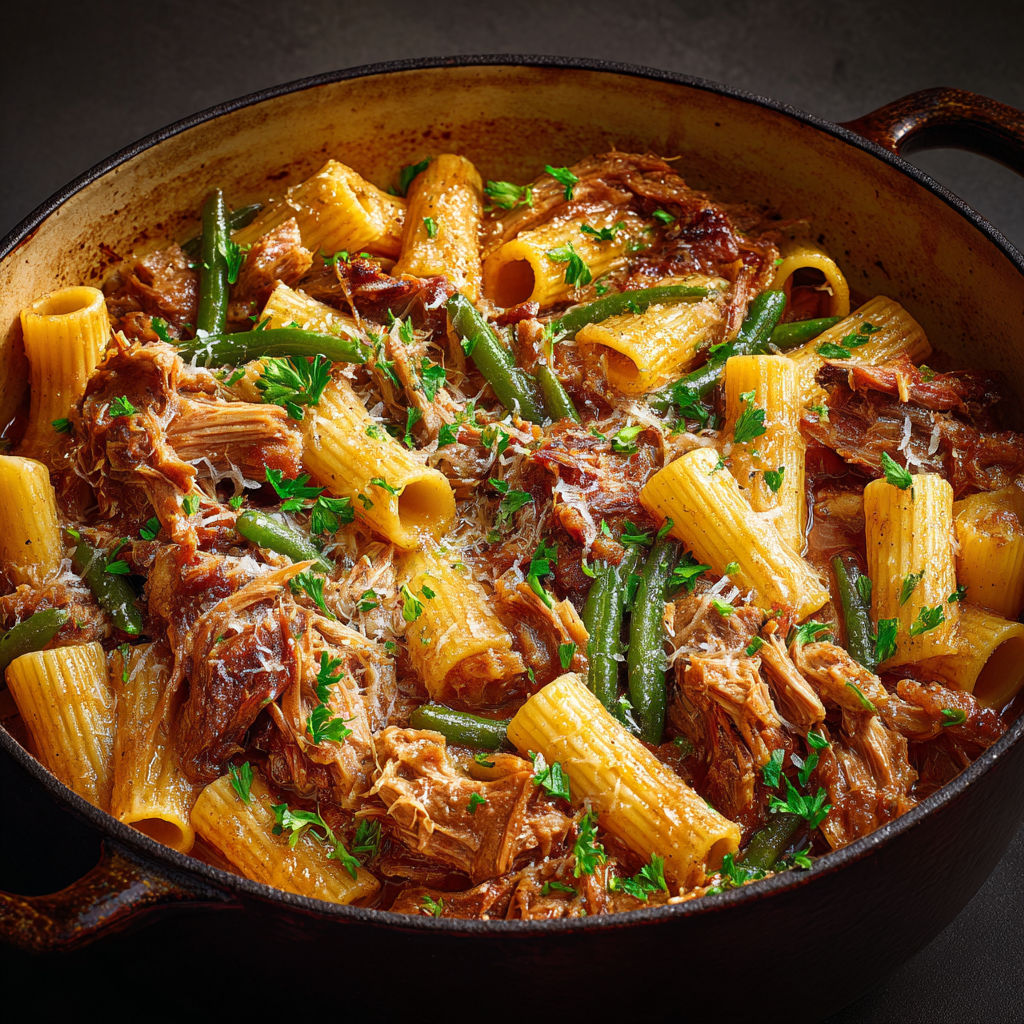 Rigatonis, porc effiloché, oignons bien caramélisés et parmesan fondant.