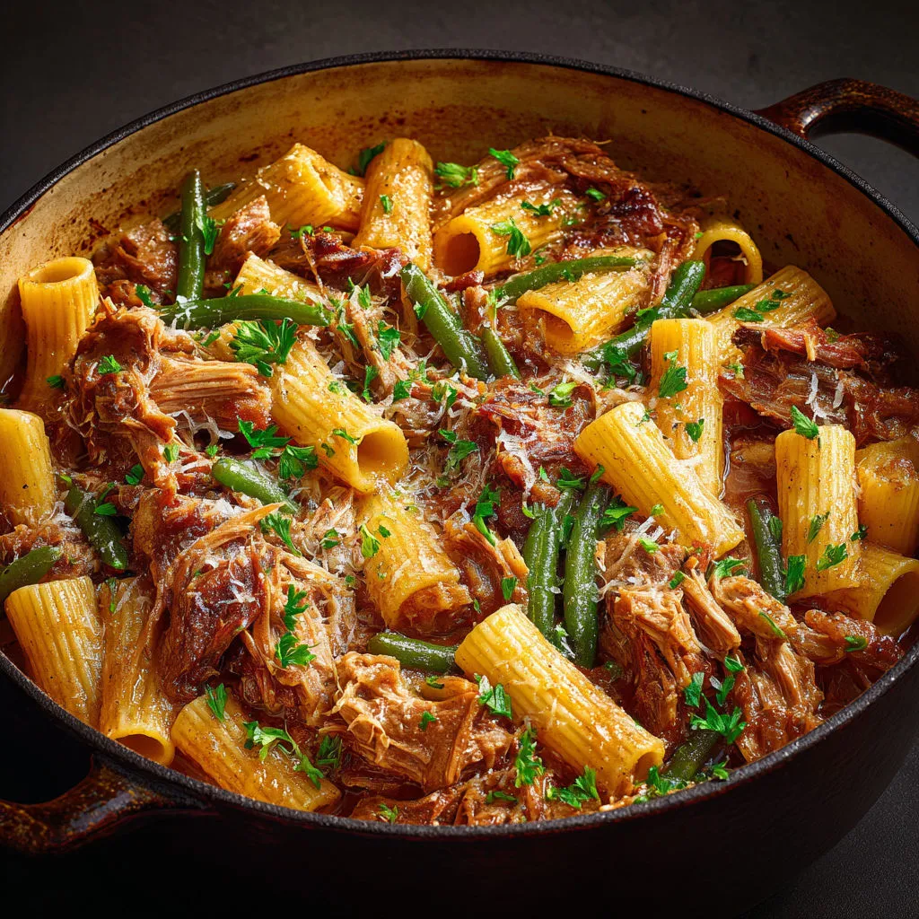 Rigatonis, porc effiloché, oignons bien caramélisés et parmesan fondant.