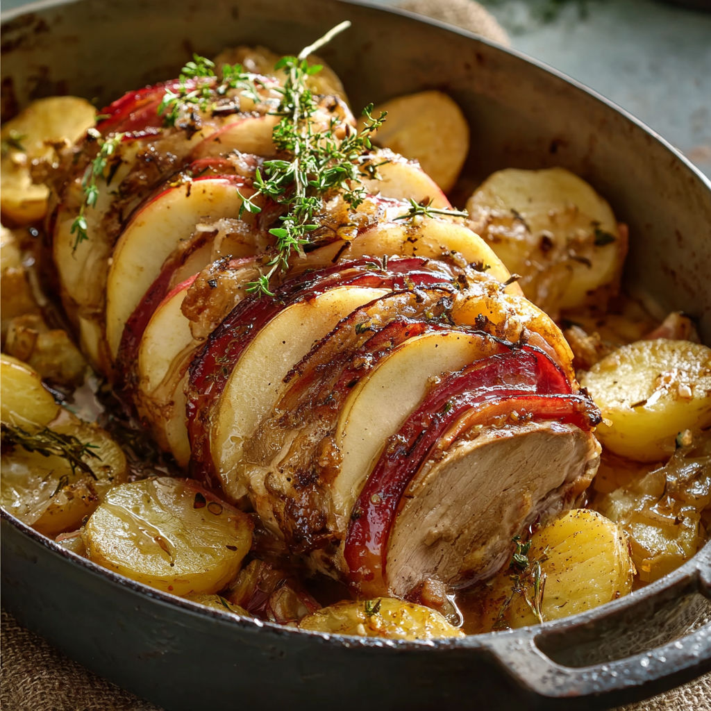 Plat de veau Orloff garni de pommes, oignons caramélisés et lard fumé, accompagné de légumes.
