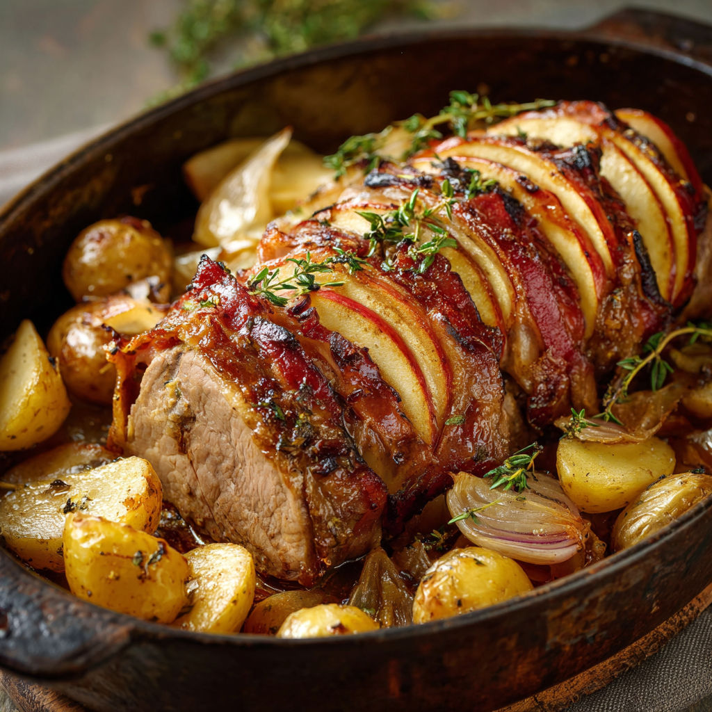 Rôti de veau Orloff avec pommes, oignons et lard fumé bien fondants.