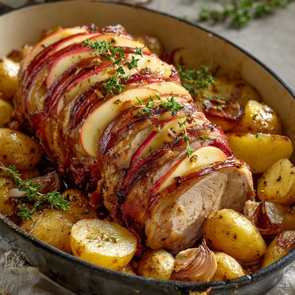 Veau Orloff fondant avec pommes dorées, oignons, bacon et grenailles.