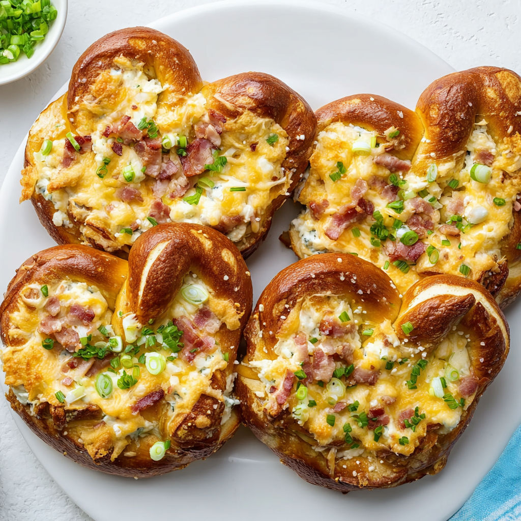 Bretzels gratinés aux lardons, fromage fondu et herbes fraîches.