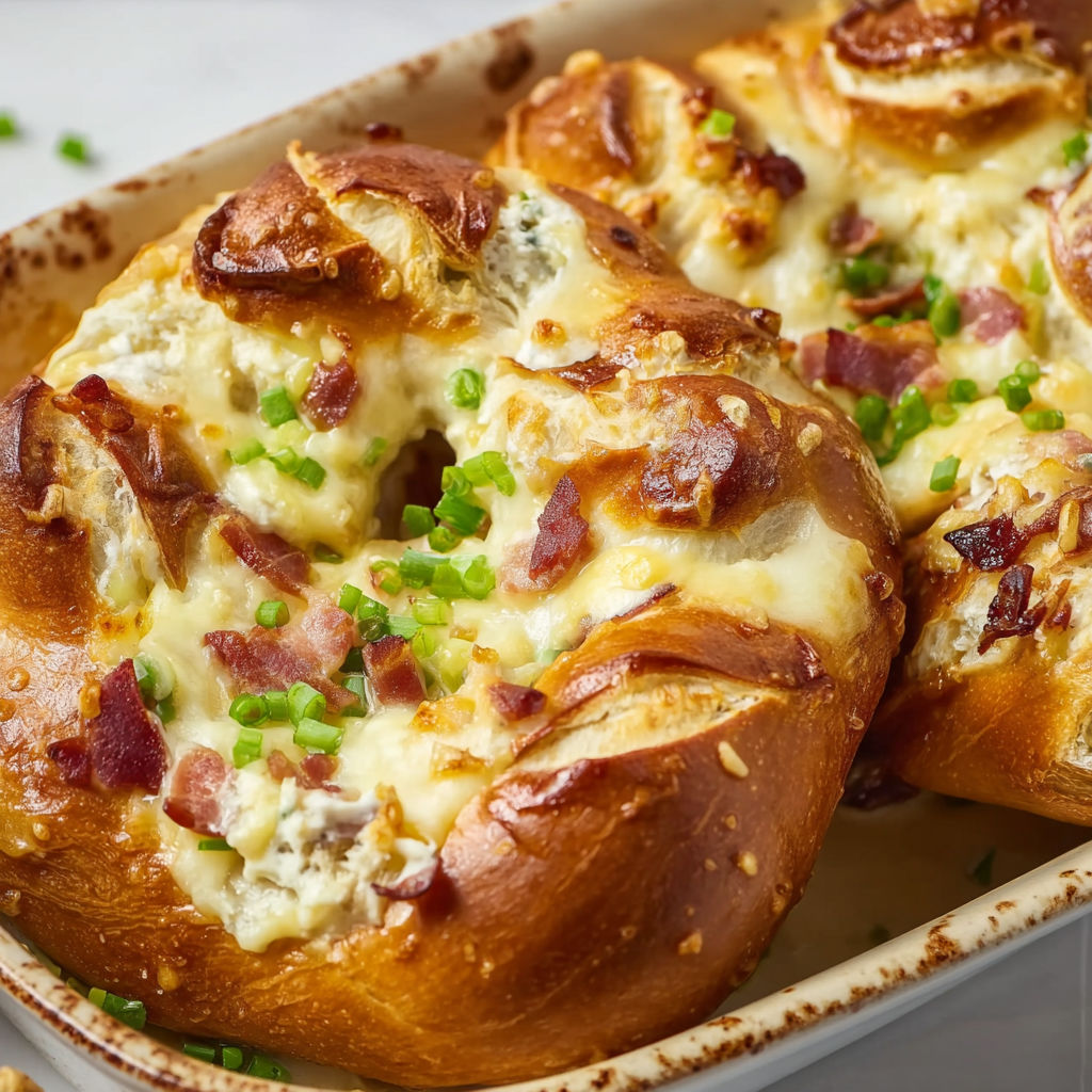 Bretzels gratinés au fromage coulant, lardons dorés et oignons frais.