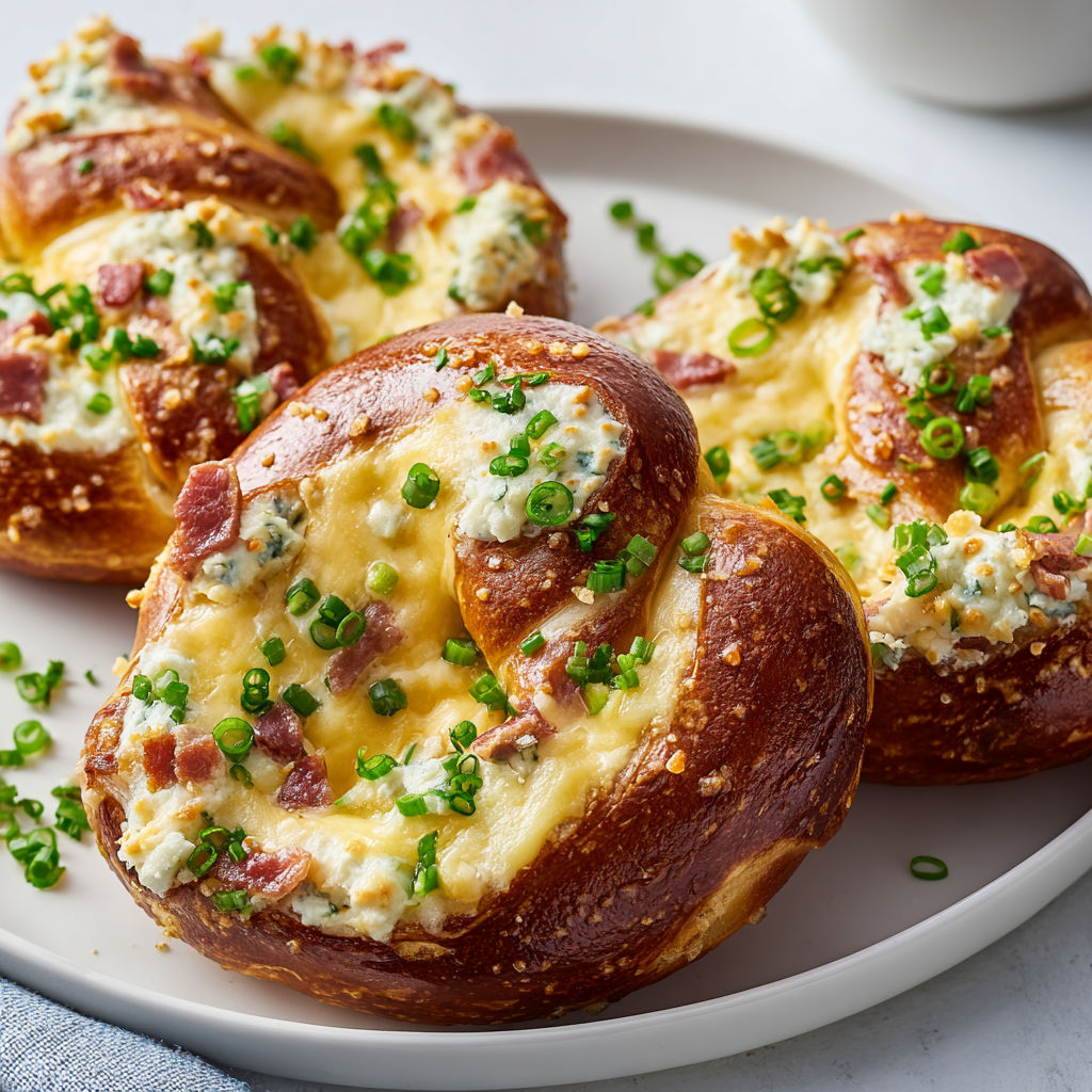 Bretzels flammekueche avec fromage coulant et lardons bien dorés.
