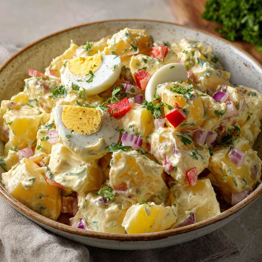 Salade de pommes de terre toute crémeuse avec œufs et sauce moutarde faite maison.