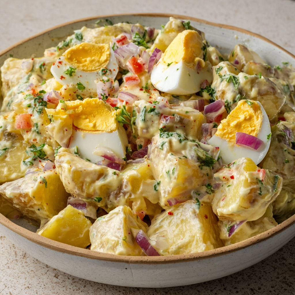 Salade piémontaise super crémeuse avec œufs, pommes de terre tendres et cornichons super croquants.