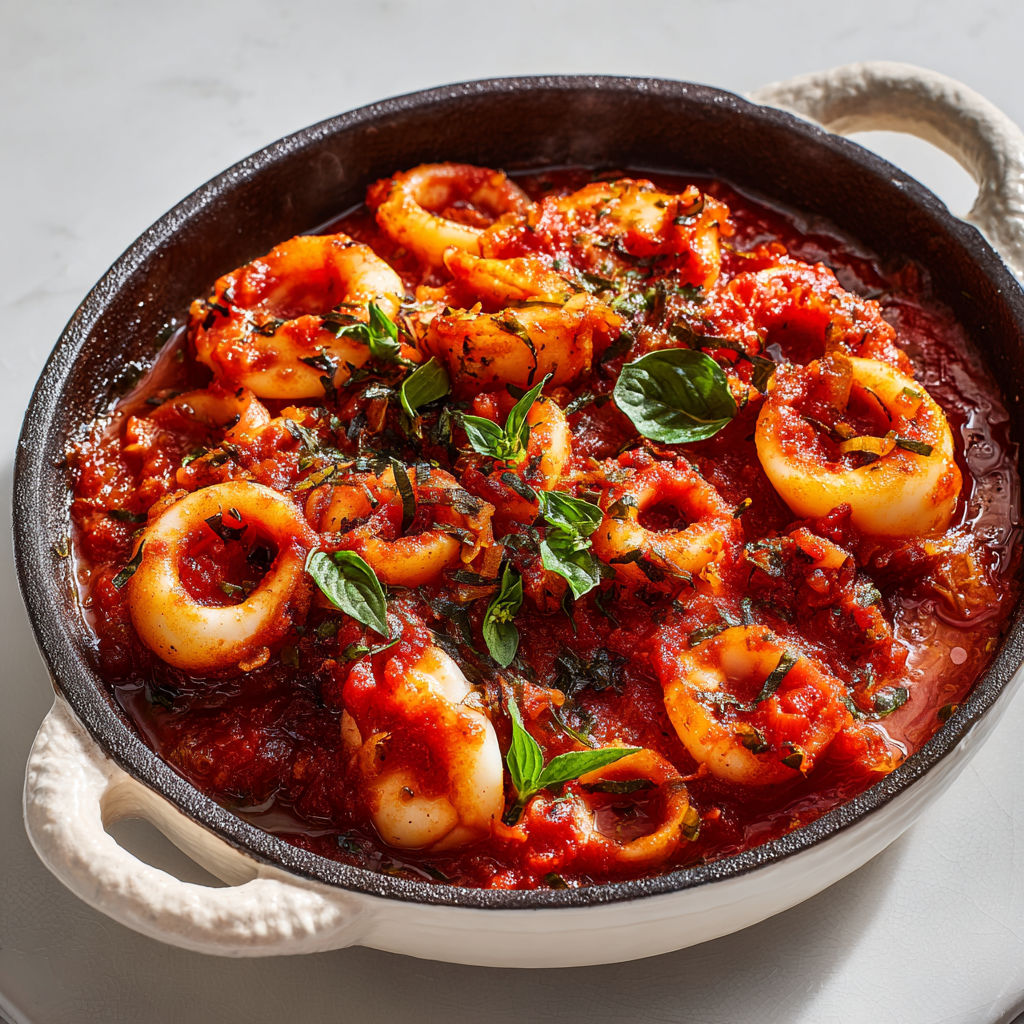 Une marmite d'encornets bien mijotés avec une sauce savoureuse.