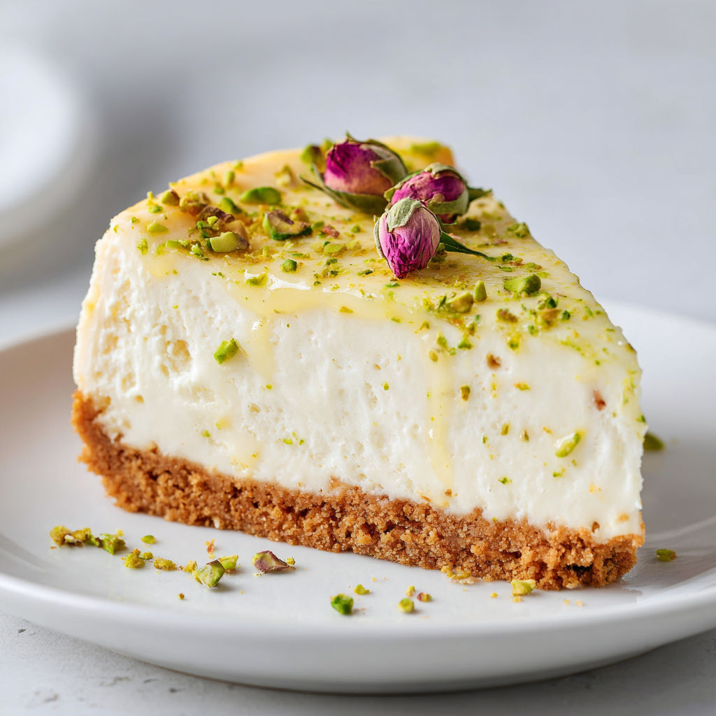 Cheesecake au citron vert cottage cheese pistache et rose très frais.
