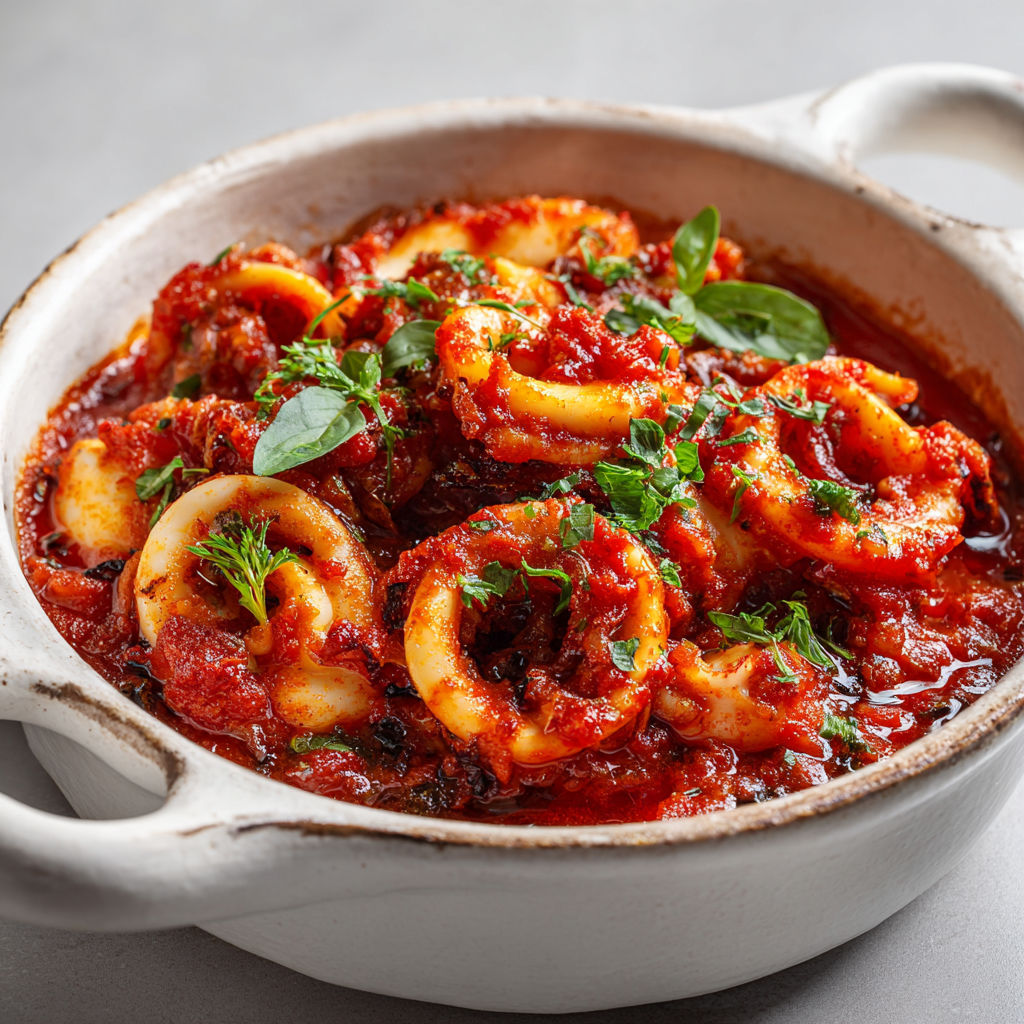 Plat de Blancs d’Encornets aux Tomates et Basilic sur le feu.