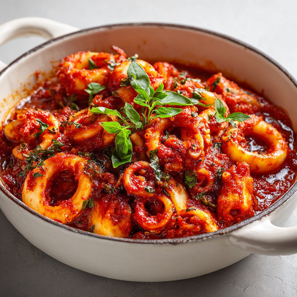 Blanc d’Encornet façon Provençale avec sauce rouge bien gourmande.