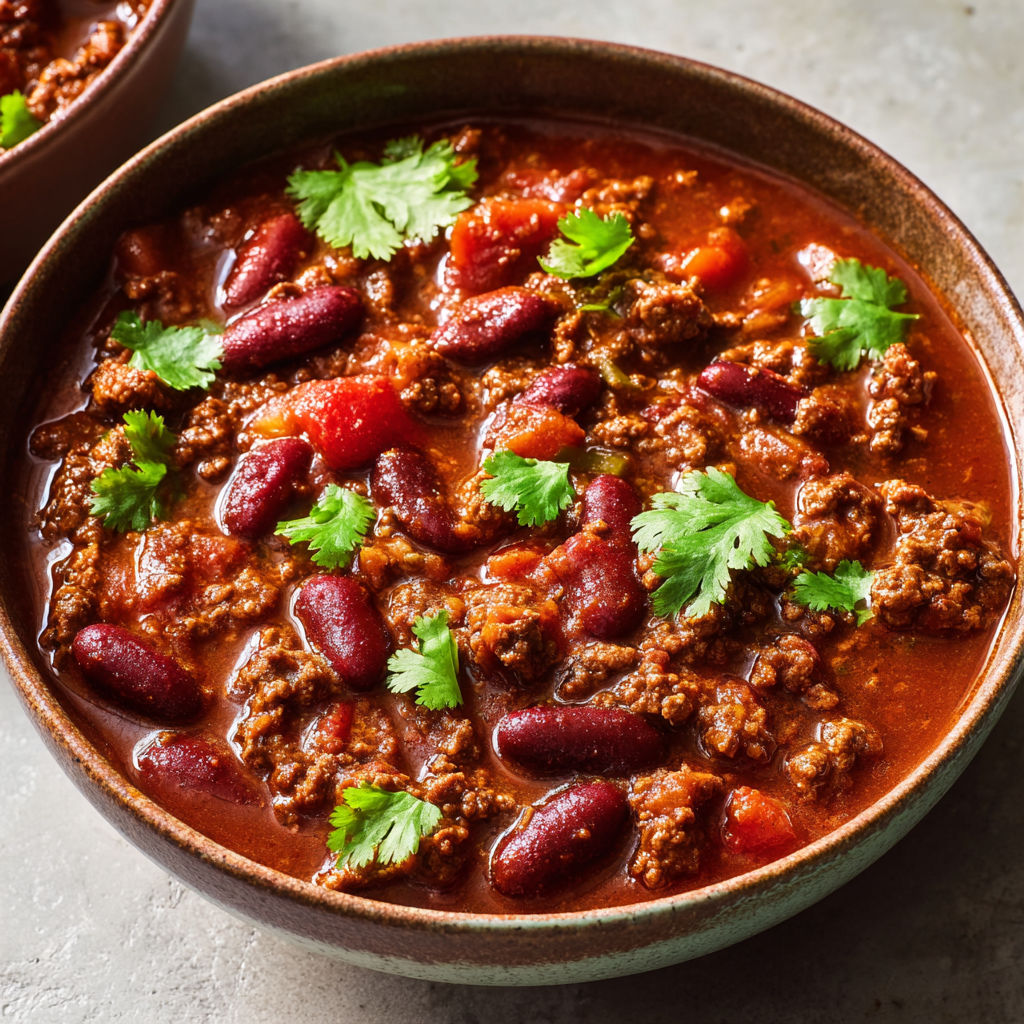 Chili Con Carne Classique au Bœuf et Haricots Rouges servi maison.