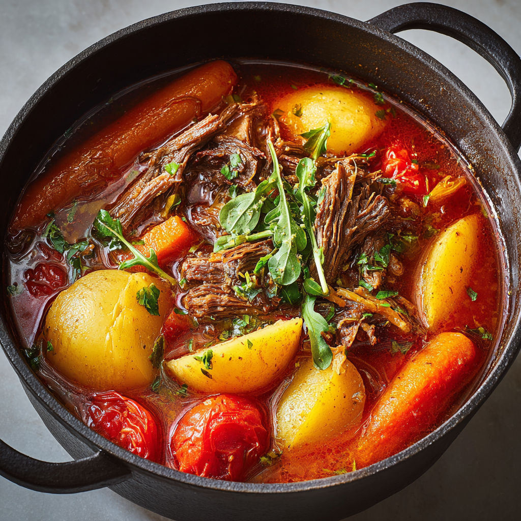 Un délicieux mijoté de boeuf avec tomates et légumes colorés.