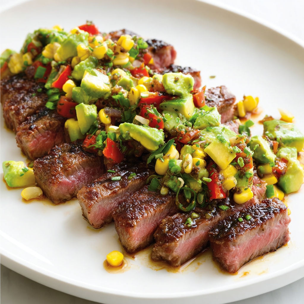 Minute steak avec salade d’avocat fraîche, un plat délicieux et rapide.