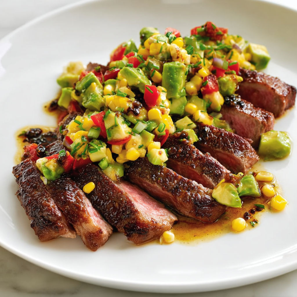 Steak Poêlé et Salade Fraîche d’Avocat et Maïs.