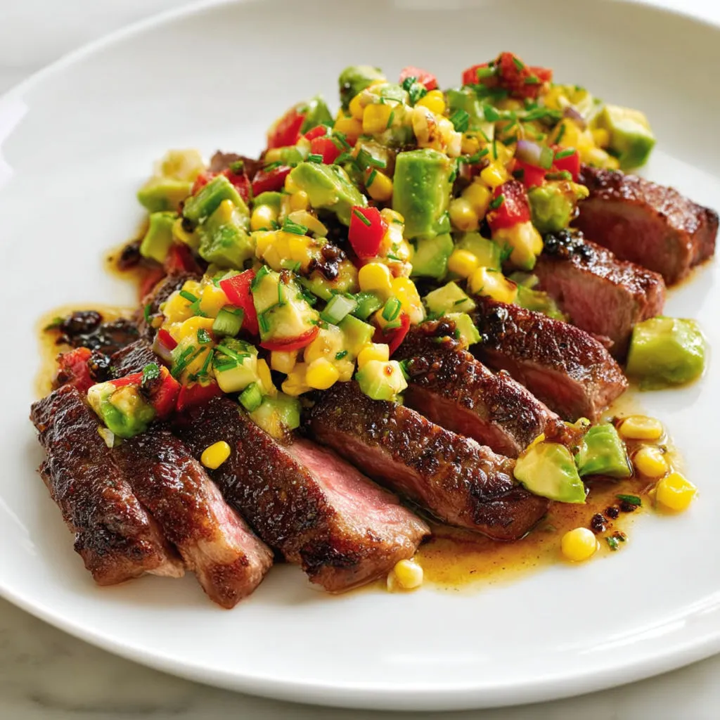 Steak Poêlé et Salade Fraîche d’Avocat et Maïs.