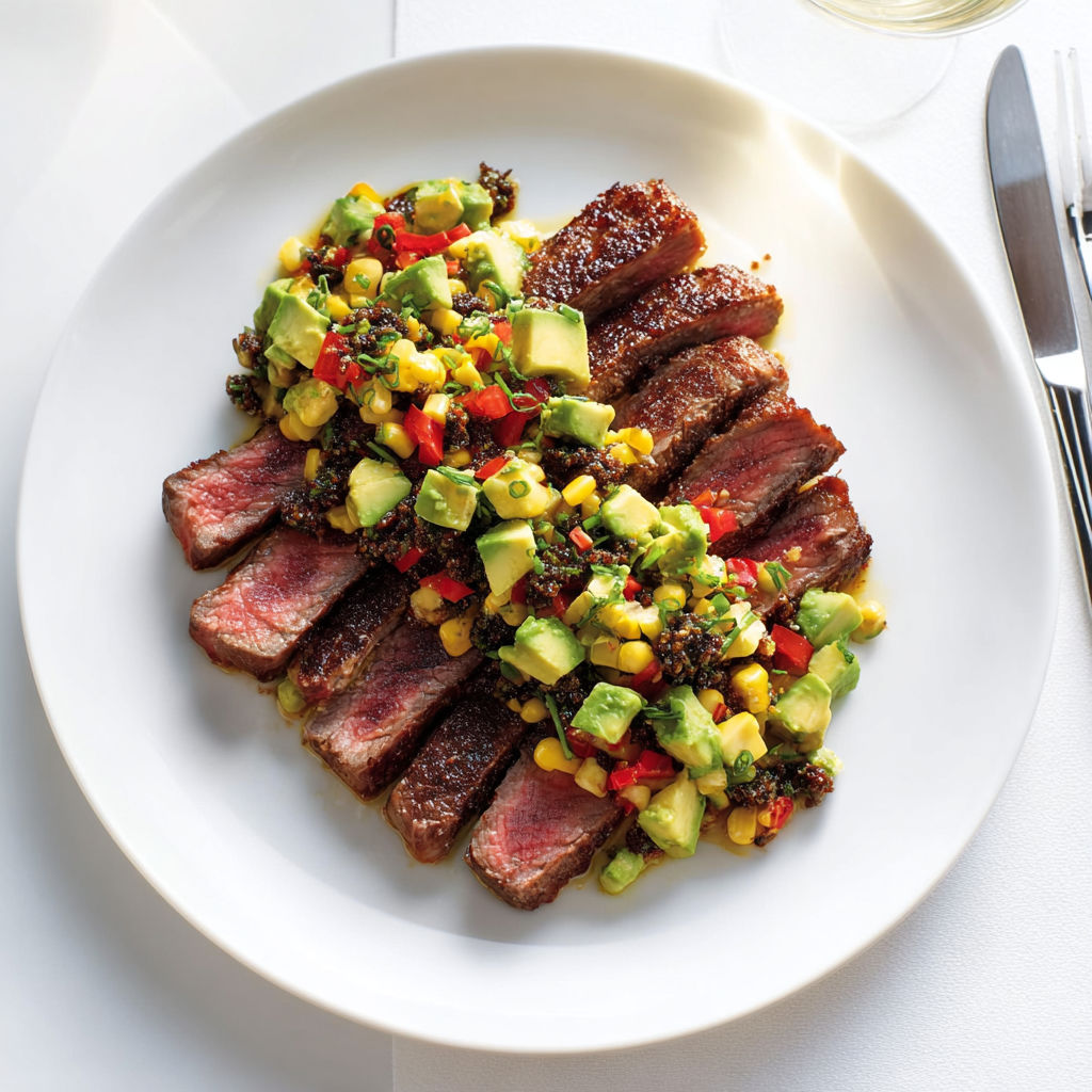 Steak Express et Salade Colorée d’Avocat avec Maïs Croquant.
