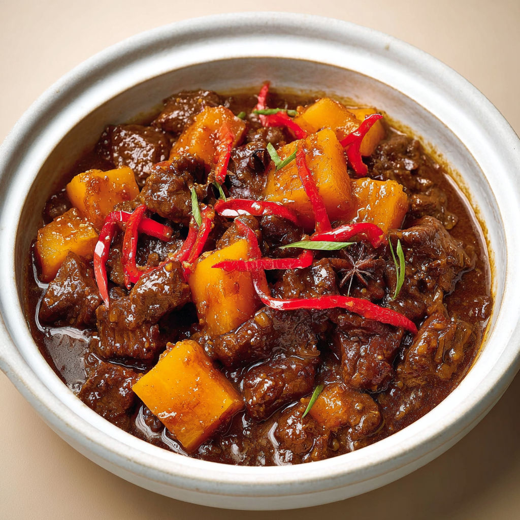 Un bol de boeuf mijoté aux saveurs asiatiques, avec des légumes colorés comme carottes et courge Butternut.