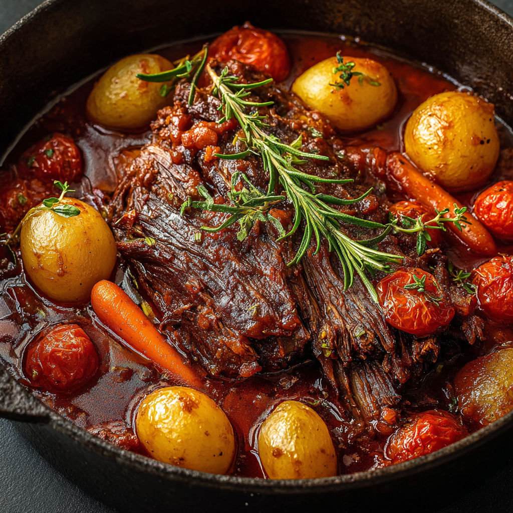 Bœuf mijoté à l’italienne et légumes tendres.