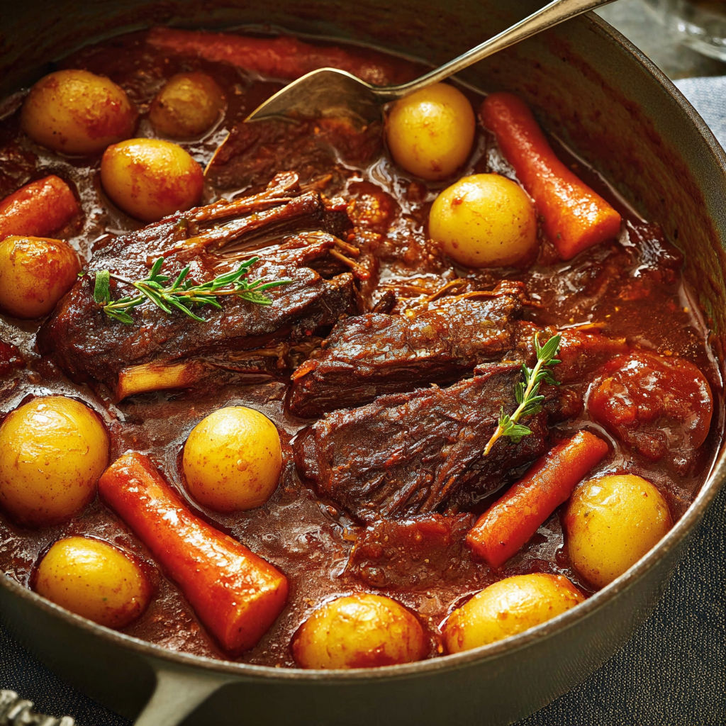 Cocotte de bœuf mijoté aux herbes fraîches et légumes d’ici.