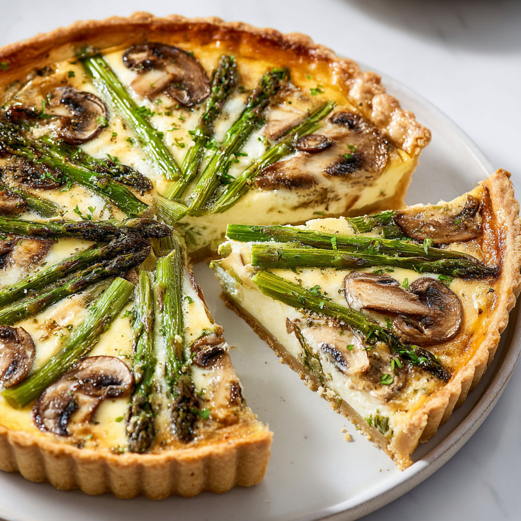 Quiche garnie d’asperges et de champignons, toute prête à être partagée.