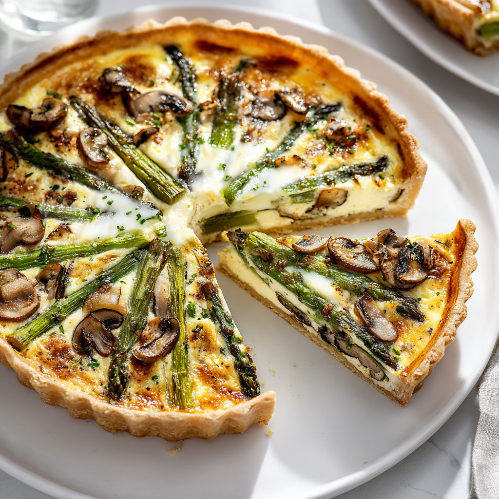 Portion de quiche asperges champignons prête à être dégustée sur un plateau.