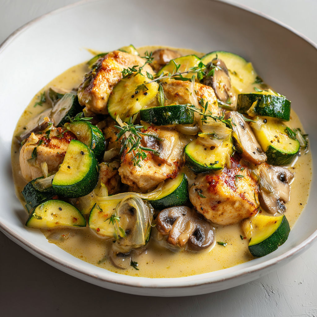 Une table avec une assiette de légumes mijotés et du poulet, parsemée d'herbes fraîches.