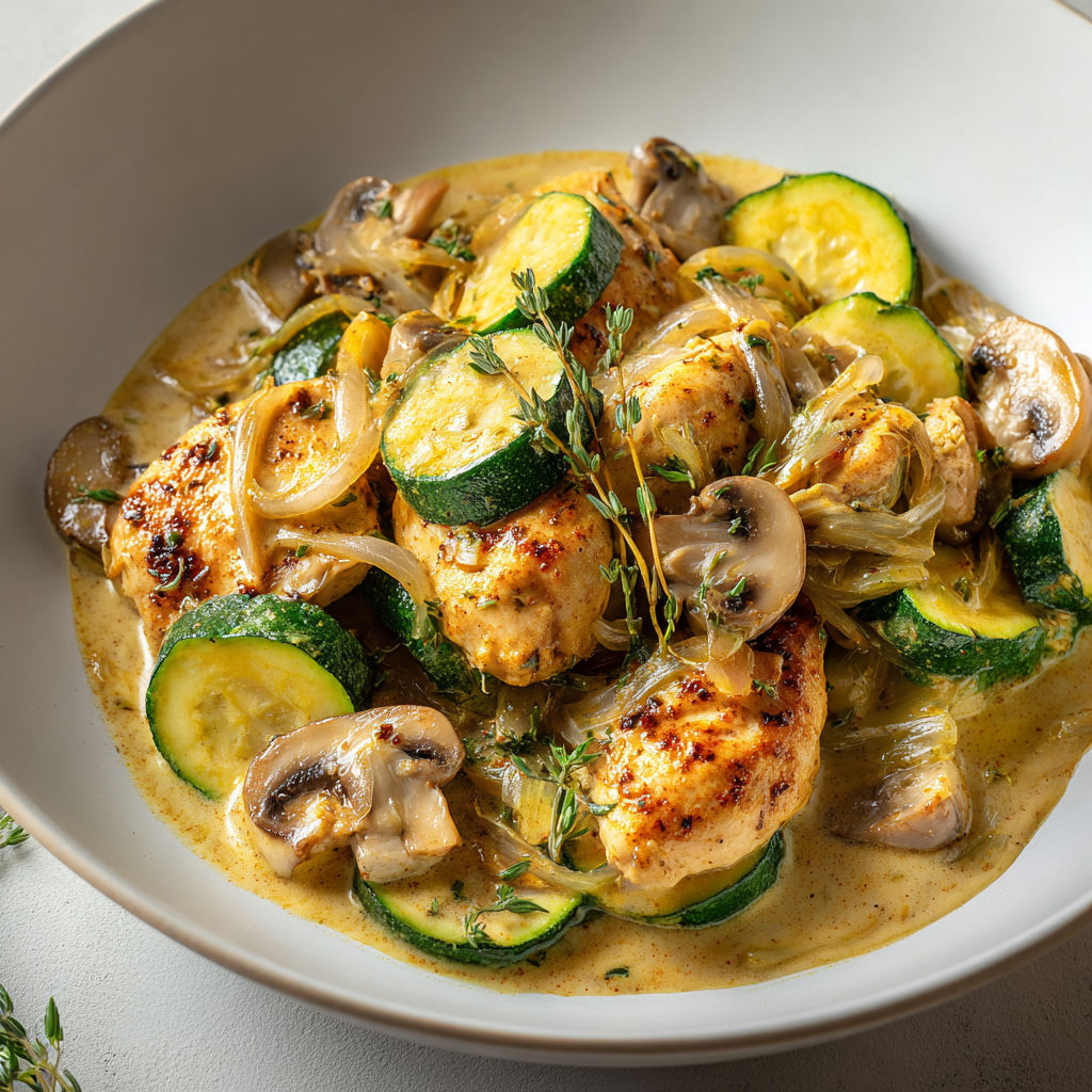 Mijoté de poulet fondant et légumes tendres façon bouillon au thym.