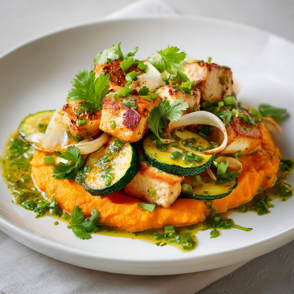 Poulet doré et courgettes sur purée ultra douce de patates douces.