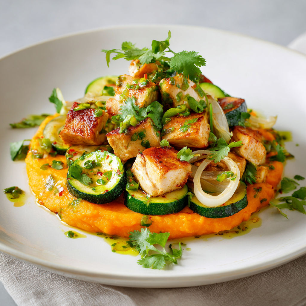 Poulet sauté aux échalotes, courgettes bien tendres et purée de patates douces maison.