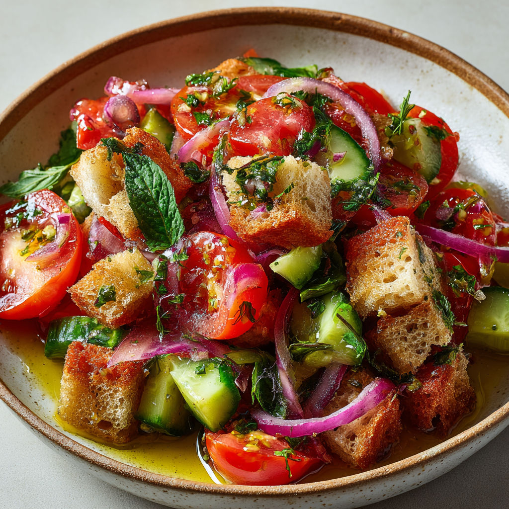 Un plat frais avec tomate, pain imbibé et basilic déposé en salade.