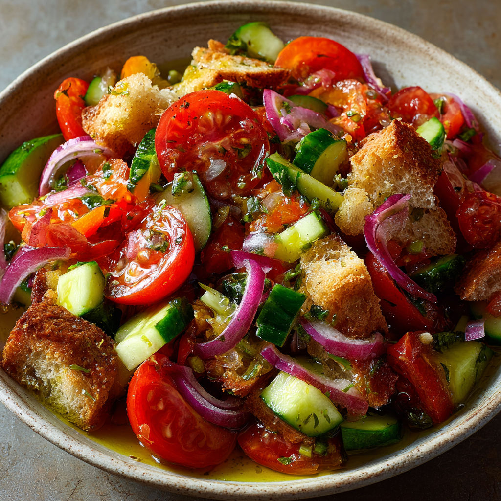 Pain rustique imbibé, tomates mûres, concombre, basilic et huile d’olive réunis dans une assiette colorée.